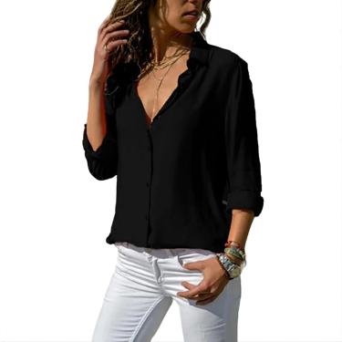 Imagem de Blusas femininas elegantes blusa de chiffon sólida primavera verão casual manga comprida gola em v camisa solta, preta, GG