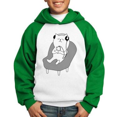 Imagem de Moletom Infantil Gatinho Ouvindo Música - Foca na Moda, Branco, Verde,