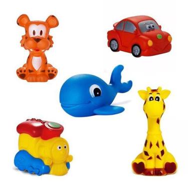 Imagem de Kit Com 5 Brinquedos De Vinil Para Bebê Maralex - Carro, Trem, Girafa,