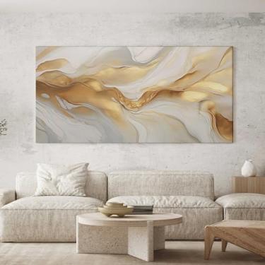 Imagem de Quadro Decorativo para Sala Quarto Hall 100x50 Abstrato Dourado Luxo Horizontal Grande Decoração Parede Tela