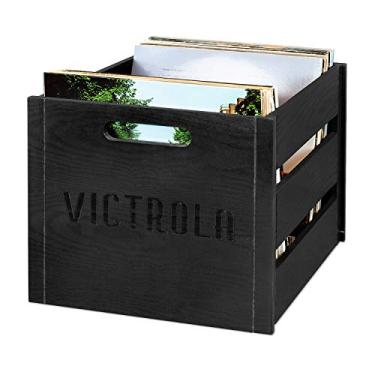 Imagem de Victrola Caixa de disco de madeira – Suporte de álbum de vinil de mesa, montagem sem ferramentas, comporta mais de 50 discos, estrutura de madeira real, design elegante (preto)