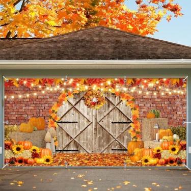 Imagem de Decoração de porta de garagem outono Ação de Graças pano de fundo 2,1 x 4,9 m 2 carro outono garagem porta banner porta celeiro parede tijolo abóbora palheiro grande outono garagem porta pendurado