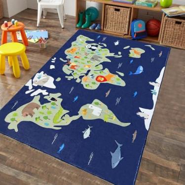 Imagem de Lacomfy Tapete de área de mapa-múndi animais 10 x 15 cm, grande, continentes marinhos, interior, tapete para crianças, antiderrapante, macio, para quarto de adolescentes, meninos, meninas, sala de