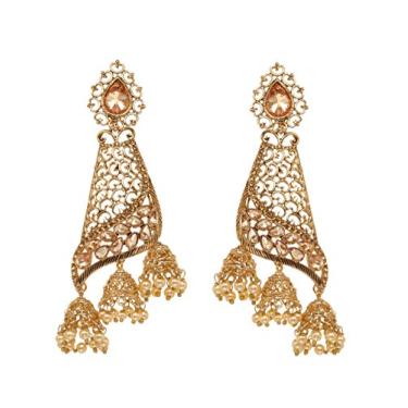 Imagem de Bindhani Fashion Bollywood joias tradicionais étnicas noiva casamento madrinha banhado a ouro Kundan pérola gota Jhumka Jhumki corrente de cabeça indiana Bahubali brincos joia para mulheres Dourado