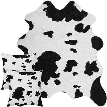Imagem de Amylove Tapete de couro de vaca e 2 fronhas de vaca – Tapetes e travesseiros duráveis com estampa de vaca de tamanho grande para sala de estar, quarto, escritório, decoração ocidental