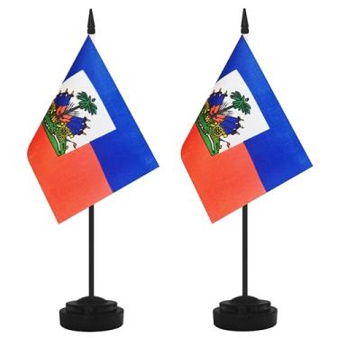 Imagem de Conjunto de 2 bandeiras de mesa do Haiti, bandeira de escritório pequena mesa em miniatura de mesa haitiana com poste preto de 30 cm e base preta, escritórios, sala de aula, casa, decoração de