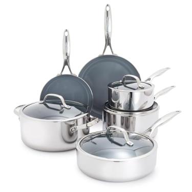 Imagem de GreenPan Conjunto de panelas e frigideiras Valencia Pro de aço inoxidável, 10 peças, adequado para indução, revestimento triplo espelhado, cerâmico, antiaderente, sem PFOA, multirevestido, seguro para