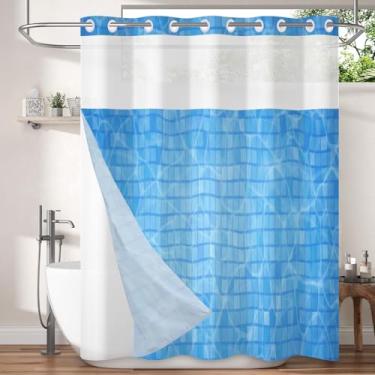 Imagem de Cortina de chuveiro azul sem ganchos com forro de encaixe, cortinas de chuveiro sem gancho de onda de piscina azul, conjunto de cortina de chuveiro de azulejo azul em tecido aquarela, com janela