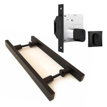 Imagem de Kit Puxador Porta Madeira Correr Preto 40cm Alumínio Duplo + Fechadura Porta de Correr Stam Asa de Avião Roseta Quadrada