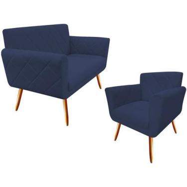 Imagem de Kit Namoradeira + 1 Poltrona Decorativa Sabrina Suede Azul Marinho Pés