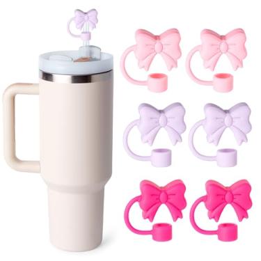 Imagem de 6 peças de topos de palha de laço, capas de canudos fofos para Stanley Copo de 30 e 1,134 g com alça, acessórios de palha reutilizáveis à prova de poeira de 10 mm para meninas e crianças (rosa roxo)