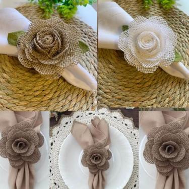 Imagem de Porta Guardanapos de Rosas em Juta, Kit com 8 Peças, 4 Natural e 4 Branca