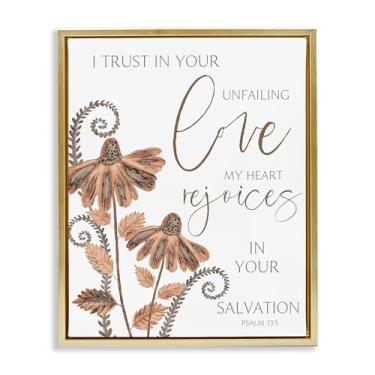 Imagem de Stupell Industries Trust In Your Unfailing Love Arte de parede em tela flutuante emoldurada dourada, design de Annie LaPoint, 25 x 31