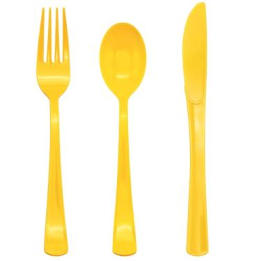 Imagem de Pacote com 150 talheres de plástico amarelo, utensílios amarelos incluem 50 garfos de plástico, 50 colheres e 50 facas para festa de aniversário, casamento, piquenique