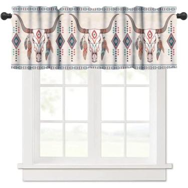 Imagem de Cortina de saia asteca ocidental para cozinha, sanefas geométricas tribais do sudoeste para janela de cozinha, cortinas curtas estampadas étnicas navajo americanas para janelas pequenas, café, quarto