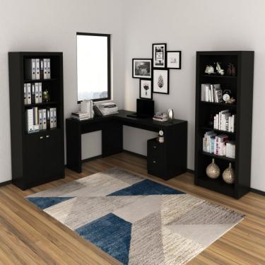 Imagem de Conjunto Home Office 3 Peças 1 Mesa Para Escritório Em L Com 2 Estantes Tecno Mobili Preto
