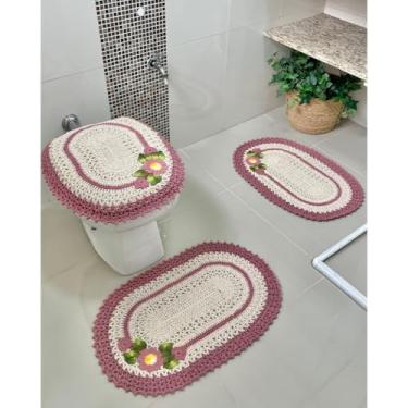 Imagem de Jogo De Banheiro Em Crochê com 3 Peças Ponteira Artesanal (Rosê)