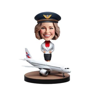 Imagem de Bobblehead personalizado aeromoça com modelo de avião feito à mão a partir de sua foto, ótimo presente para mães, colegas, companhias aéreas, tripulação, decoração de espaço de trabalho, lembrança
