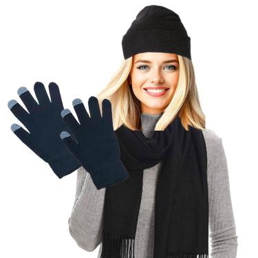 Imagem de Kit Inverno: Pashmina Cachecol Fino Preto + 1 Touca Lã Forrada + 1 Luva Touch = 3 Produtos