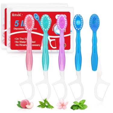 Imagem de Erinde Mini escovas de dentes descartáveis 5 em 1 com pasta de dente + raspador de língua + palhetas + estojo de viagem com fio dental, palhetas pré-coladas para viagem para trabalho ou viagem