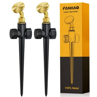 Imagem de FANHAO Pacote com 2 irrigadores de gramado de metal com pulverizador de latão, irrigador automático de água de jardim na base de pontas,
