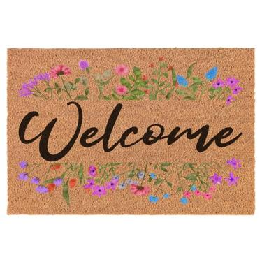 Imagem de Capacho de boas-vindas Coco Coir Tapete de porta presente flores primavera moldura floral (76,2 cm x 45,7 cm)