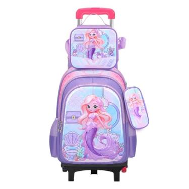 Imagem de MYSNKU Conjunto de três peças, linda mochila com rodinhas com lancheira, escola, meninas, meninos, bolsa de viagem leve com 6 rodas clássica, Sereia roxa