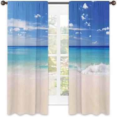Imagem de Cortina de isolamento térmico oceânico, estilo oceano tropical, costa arenosa e mar com ondas, decorações de janela de casa para cerimônias de casamento, L 132 x C 198 cm, creme turquesa