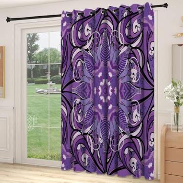 Imagem de Divisória de parede com divisória de sala malva, mandala oriental vintage com motivos ornamentados de flores brancas, cortinas deslizantes (painel único), L 213 cm x C 236 cm lavanda violeta