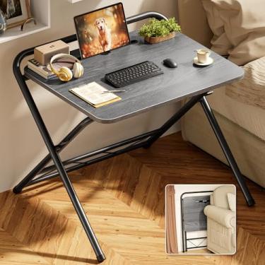 Imagem de Huuger Mesa dobrável com altura ajustável de 3 níveis e compartimento para tablet, mesa de computador dobrável de 61 cm para pequenos espaços, economia de espaço, mesa de trabalho para escritório em