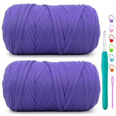 Imagem de Pacote com 2 camisetas para crochê, roxa, tecido elástico macio, grosso, grosso, fio de crochê para crochê, tricô iniciante, bolsa de tricô à mão/artesanato faça você mesmo/decoração de casa 2 x 400G