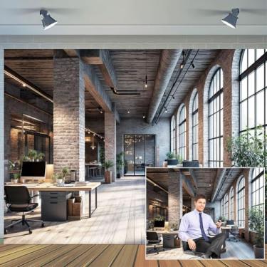 Imagem de Cenário de escritório moderno de 2,8 x 1,2 m para videoconferência, cenários de negócios, parede de tijolos rústica, escritório, cenário, fotografia, estúdio, férias, festa, aniversário, zoom ao vivo