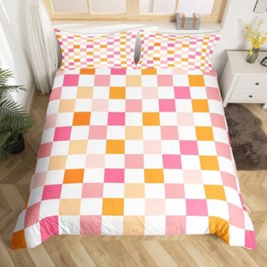 Imagem de Conjunto de capa de edredom infantil xadrez geométrico, patchwork, tamanho Queen, quadriculado abstrato, decoração de quarto de meninos e meninas, capa de colcha colorida moderna com treliça xadrez, 2