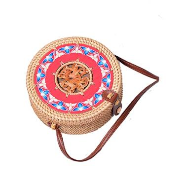 Imagem de SHAREYOIU Bolsas de ombro redondas de vime estampadas à mão estilo praia tropical natural chique com alça de couro, 2 # vermelho, Big，7.87x 3.2 inch