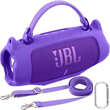 Imagem de khanka Capa de silicone para alto-falante Bluetooth portátil à prova d'água JBL Charge 6, capa protetora macia com alça de ombro para alto-falante JBL Charge 6 (roxa)