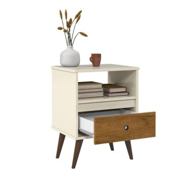 Imagem de mesa de cabeceira estilo retro com pes de madeira