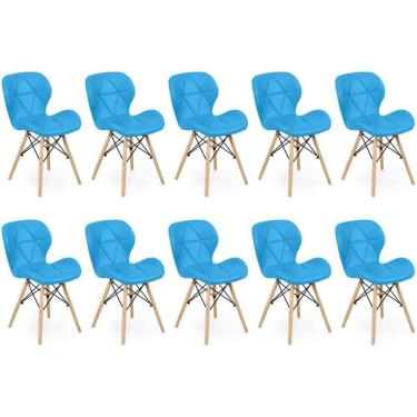 Imagem de Kit 10 Cadeiras De Jantar Charles Eames Slim Wood Estofada - Azul