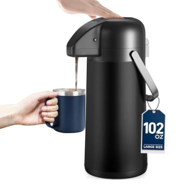 Imagem de Garrafa de café para manter o calor – Dispensador de café Airpot de 3L com bomba – Garrafa térmica grande para bebidas quentes, chá líquido – Dispensador de bebidas de água quente de aço inoxidável