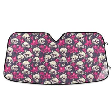 Imagem de Crânios humanos rosa choque flores de lírio estilo escuro sombra de carro para-brisa frontal dobrável refletor sol viseira solar para sol de carro interior M