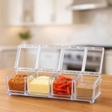 Imagem de Porta Temperos em Acrílico Transparente, 4 Compartimentos com Tampa, Organizador de Condimentos para Cozinha