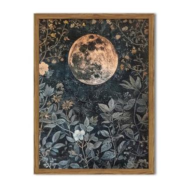 Imagem de Arte de parede de lua escura e flor, vintage William Morris pintura de decoração de parede celestial textura 3D arenito desenhado à mão Moody Cottagecore arte para quarto sala de estar 30 x 40 cm