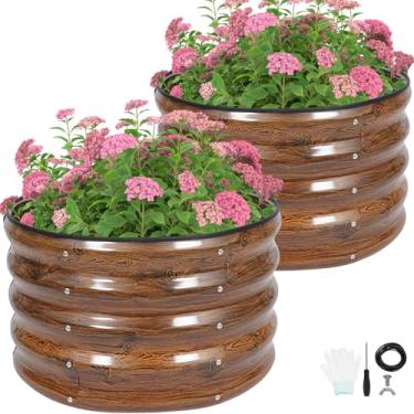 Imagem de Conjunto de cama de jardim elevado galvanizado, pacote com 2 caixas de plantador de metal de 5 x 5 x 4 m | Anel de fogueira/canteiros elevados redondos de aço para vegetais, flores e plantas (marrom)