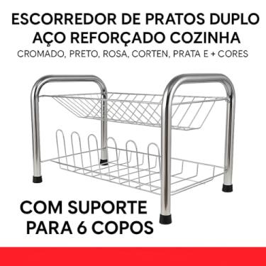 Imagem de Escorredor Duplo De Louça 2 Andares Aço Reforçado Prato Copo Pé Emborrachado Premium Design Moderno Prático Pronto para Uso (Cromado)