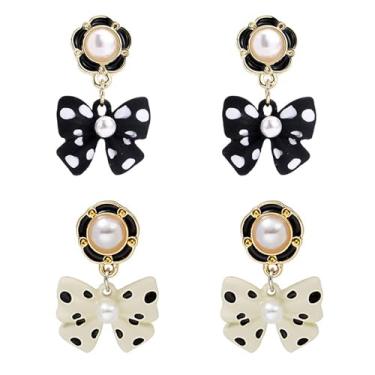 Imagem de Brincos de laço femininos - brincos de pérola preta e branca - brincos clássicos de bolinhas pretas e brancas - Brincos de pérola retrô com laço de gota de Natal para presente feminino, Small, Metal