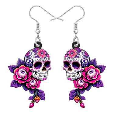 Imagem de DALANE Novidade presentes de Halloween brincos pendentes de caveira de açúcar para mulheres, design gótico de acrílico floral assustador dia dos mortos, fantasia gótica de Halloween, Medium, Acrílico