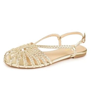 Imagem de PIZZ ANNU Sandália feminina trançada Sophia confortável de espuma viscoelástica para caminhada, gladiador de verão, tira no tornozelo, sandálias com tiras, Dourado, 40