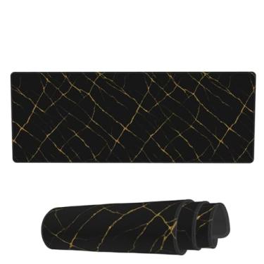 Imagem de Tapete de mouse grande vintage preto dourado mármore estendido para jogos 80 x 29 cm GG grande tapete de mesa com base antiderrapante e bordas costuradas para jogos em casa, escritório