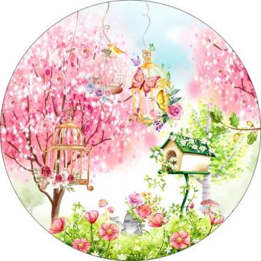 Imagem de Painel de Tecido Sublimado Redondo Jardim Aquarela Encantado Gaiolas e