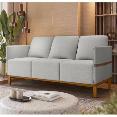 Imagem de Sofá Living 3 Lugares com Pés em Madeira Maciça 187cm Estelí Espresso Móveis Linho Cinza Claro/Sintético Caramelo