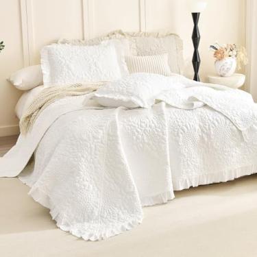 Imagem de Lady Ann Conjunto de colcha king grande, branco creme, com babados lavados, 128 x 120 para cama, leve, 3 peças, colcha acolchoada enrugada, casa de fazenda, rústico, surrado, conjunto de cama para